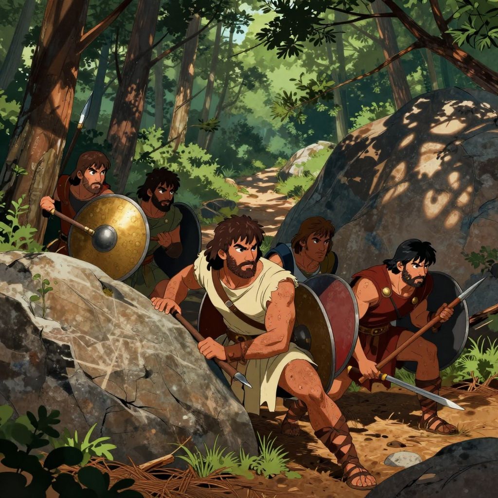 Samnite warriors crouching in ambush positions behind boulders and trees in a mountain forest
