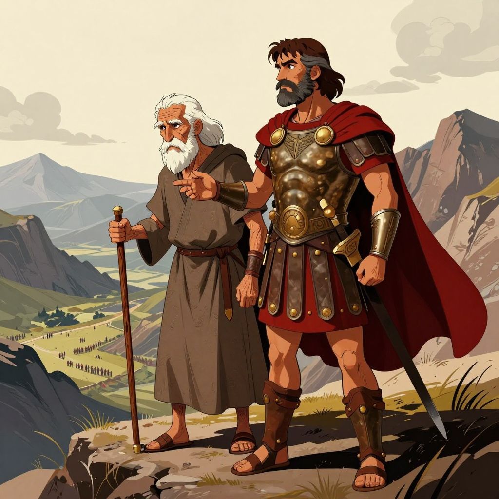 Pontius and his elderly father standing on a ridge overlooking the trapped valley, the father leaning on a staff with profound sadness in his expression