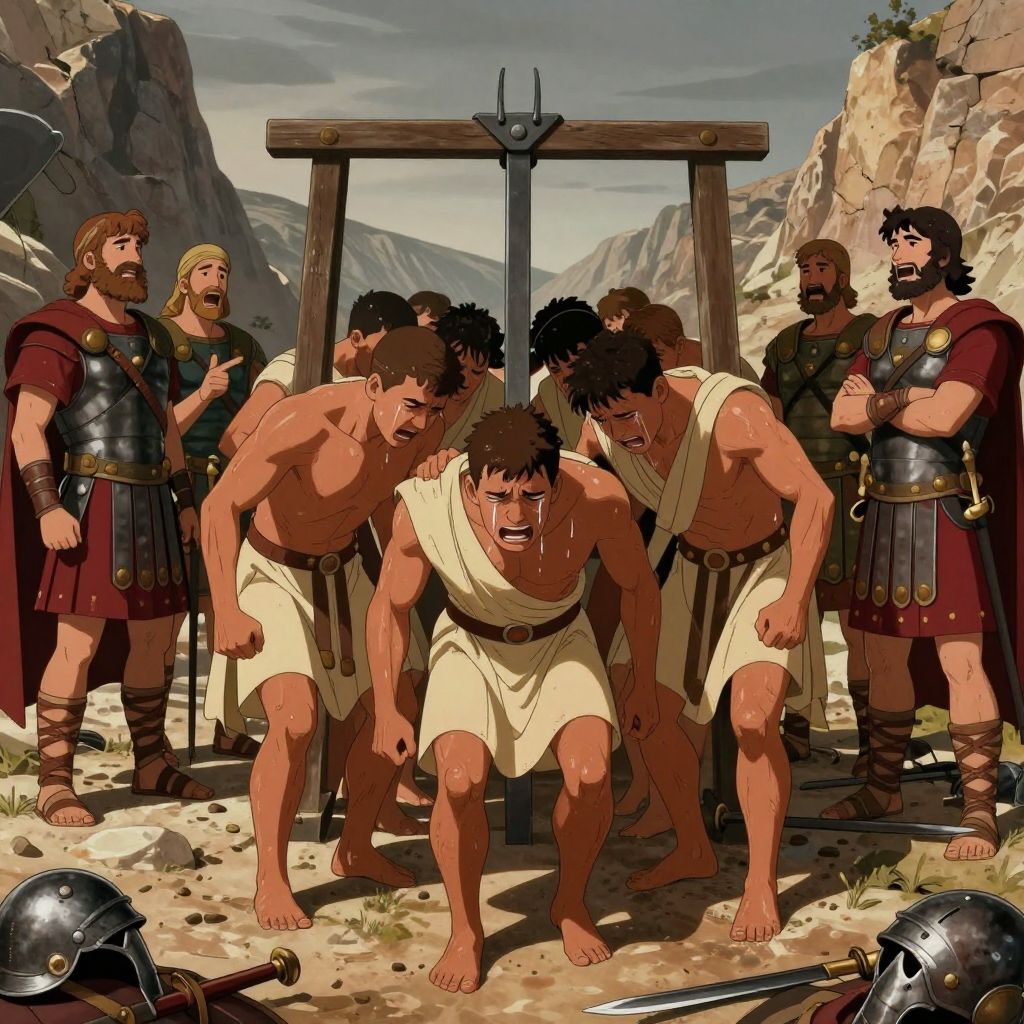 A Roman soldier bent almost double passing under the yoke, his face twisted in rage and humiliation, while Samnite warriors watch on both sides