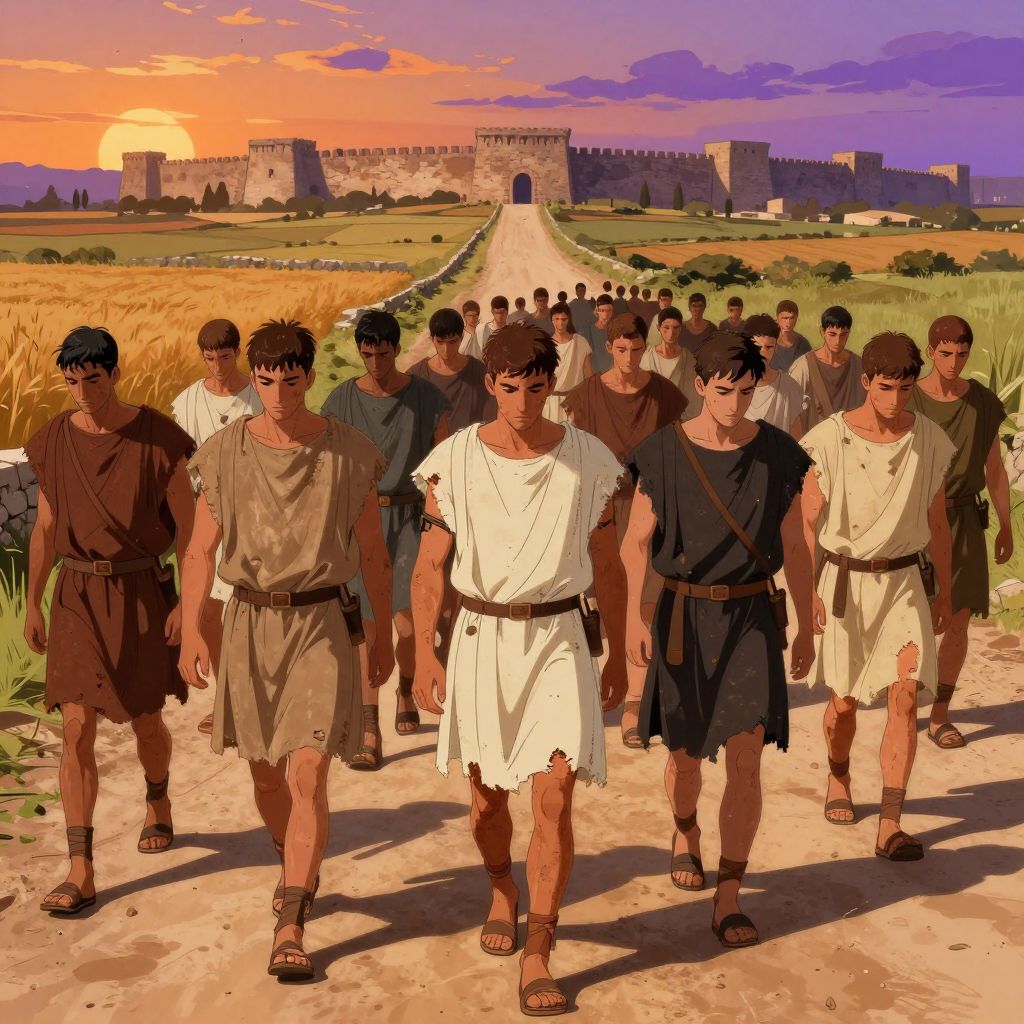 A long column of defeated Roman soldiers walking along a dirt road toward distant city walls, heads bowed, wearing only simple tunics with no armor