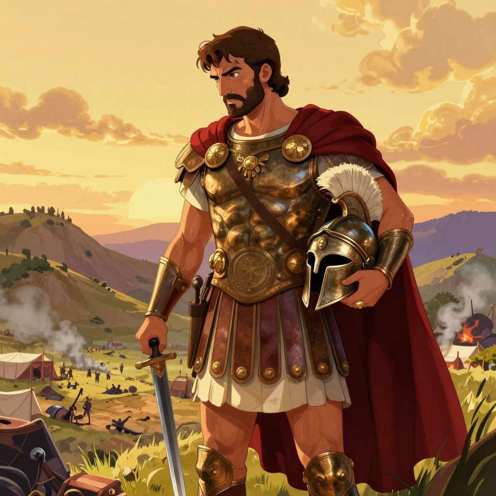 Pyrrhus of Epirus in Greek armor standing on a hillside above a battlefield, contemplative yet commanding