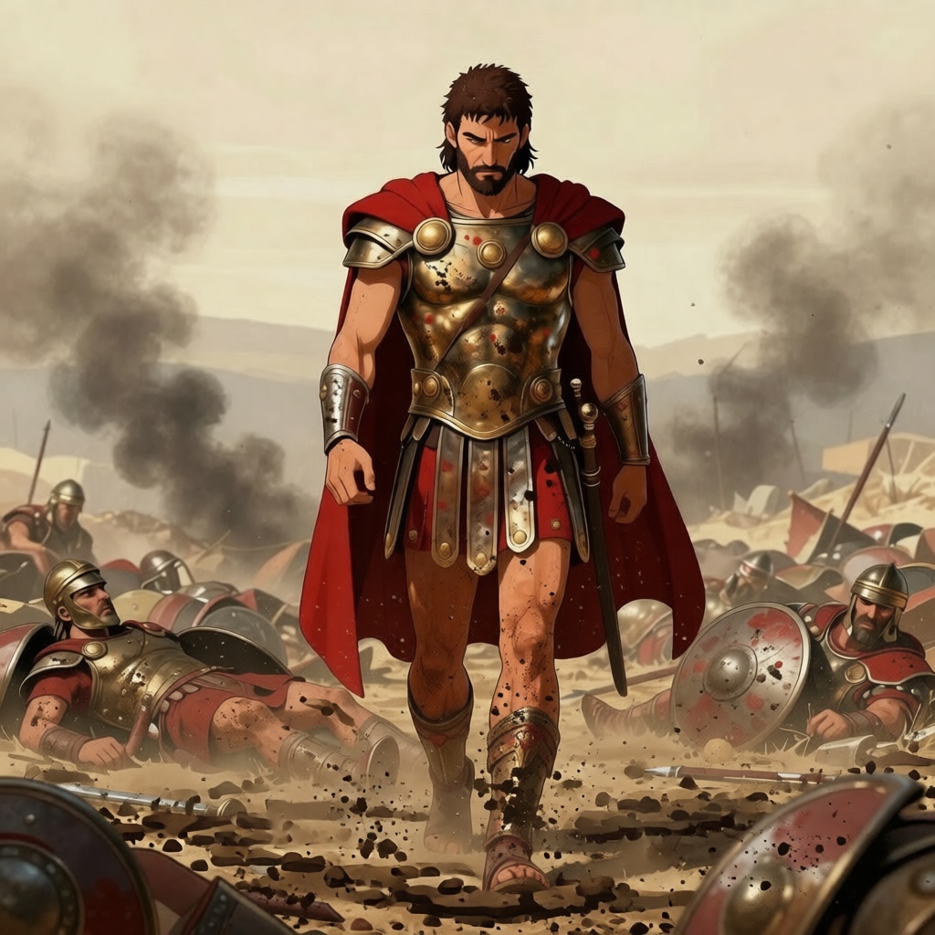 Pyrrhus walking through the battlefield among fallen Roman soldiers, all facing forward, none having fled