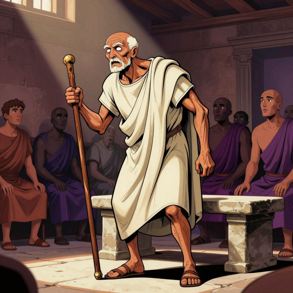 Old blind senator Appius Claudius rising from stone bench with staff, defiant despite his age and frailty