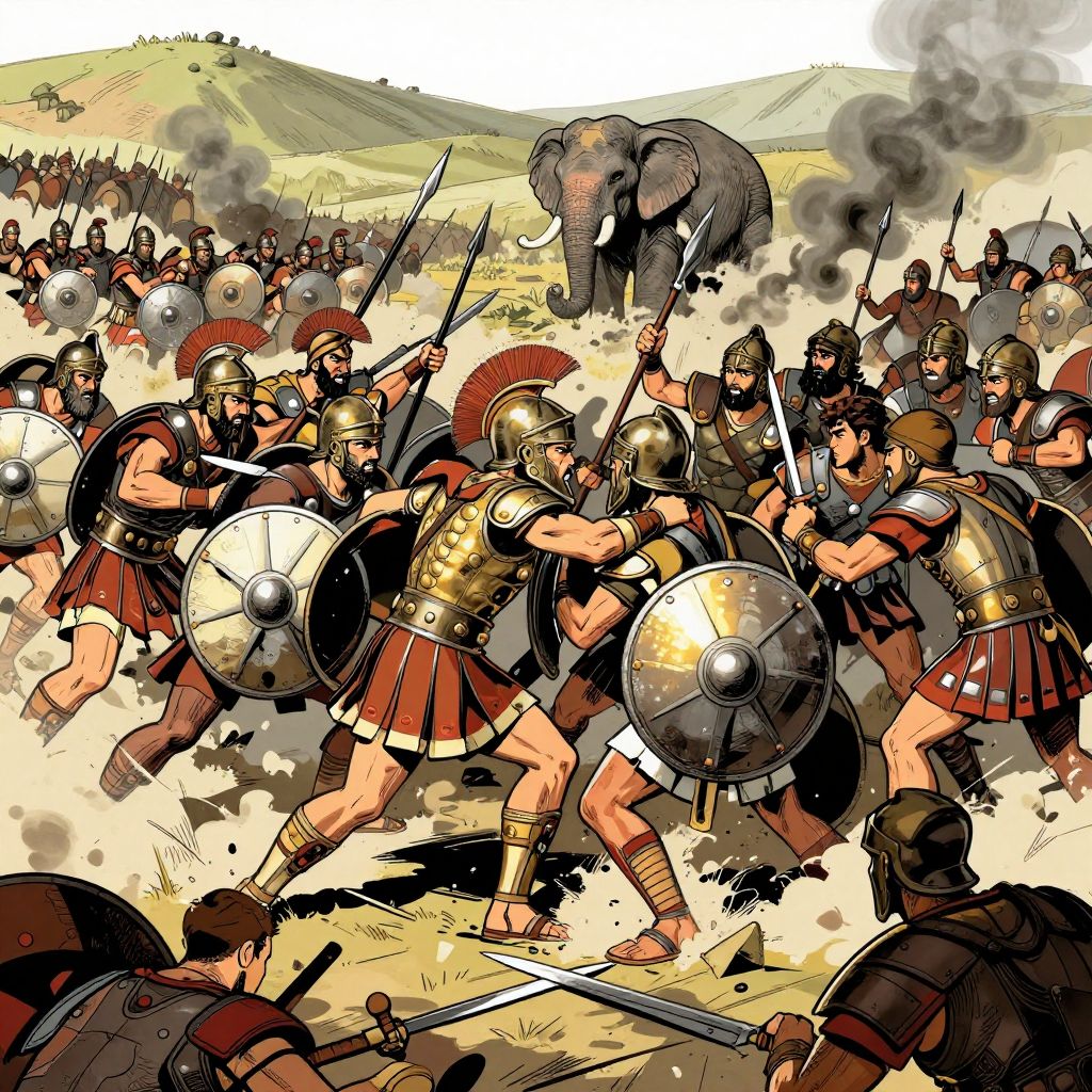Fallen war elephant on the battlefield surrounded by Greek officers who died in the victory