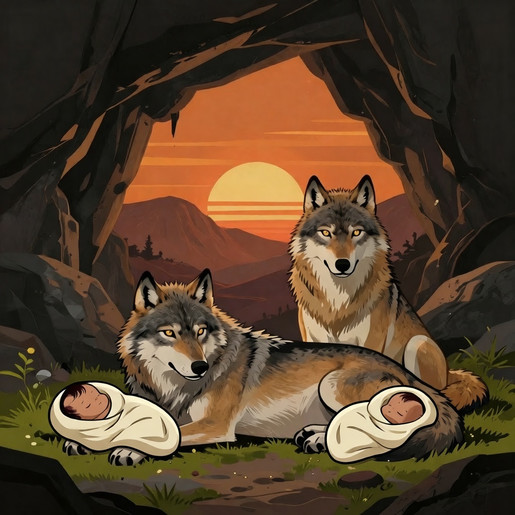 A gray wolf nursing two human infants in a cave den with Lumo watching protectively