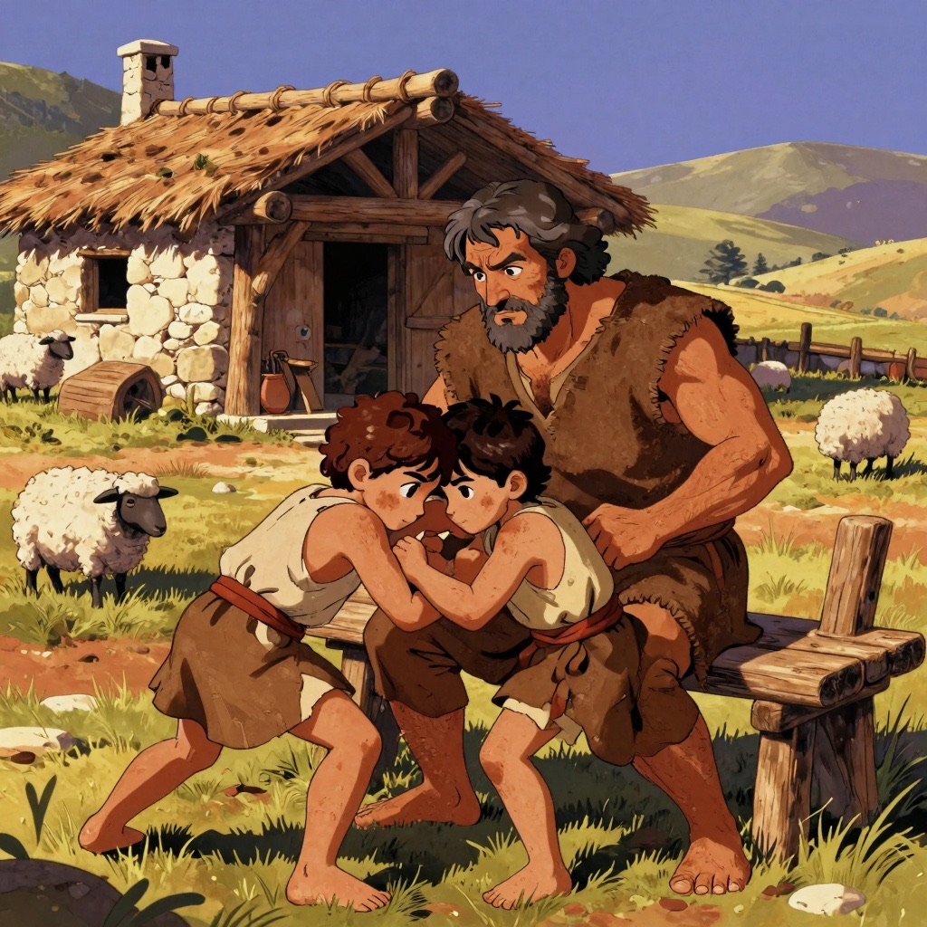 Faustulus watches as young Romulus and Remus wrestle playfully, already showing their fierce competitive nature