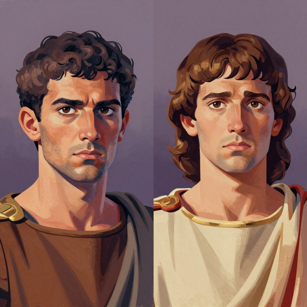 Close-up dual portrait of Romulus and Remus facing each other, showing the subtle differences between the identical twins