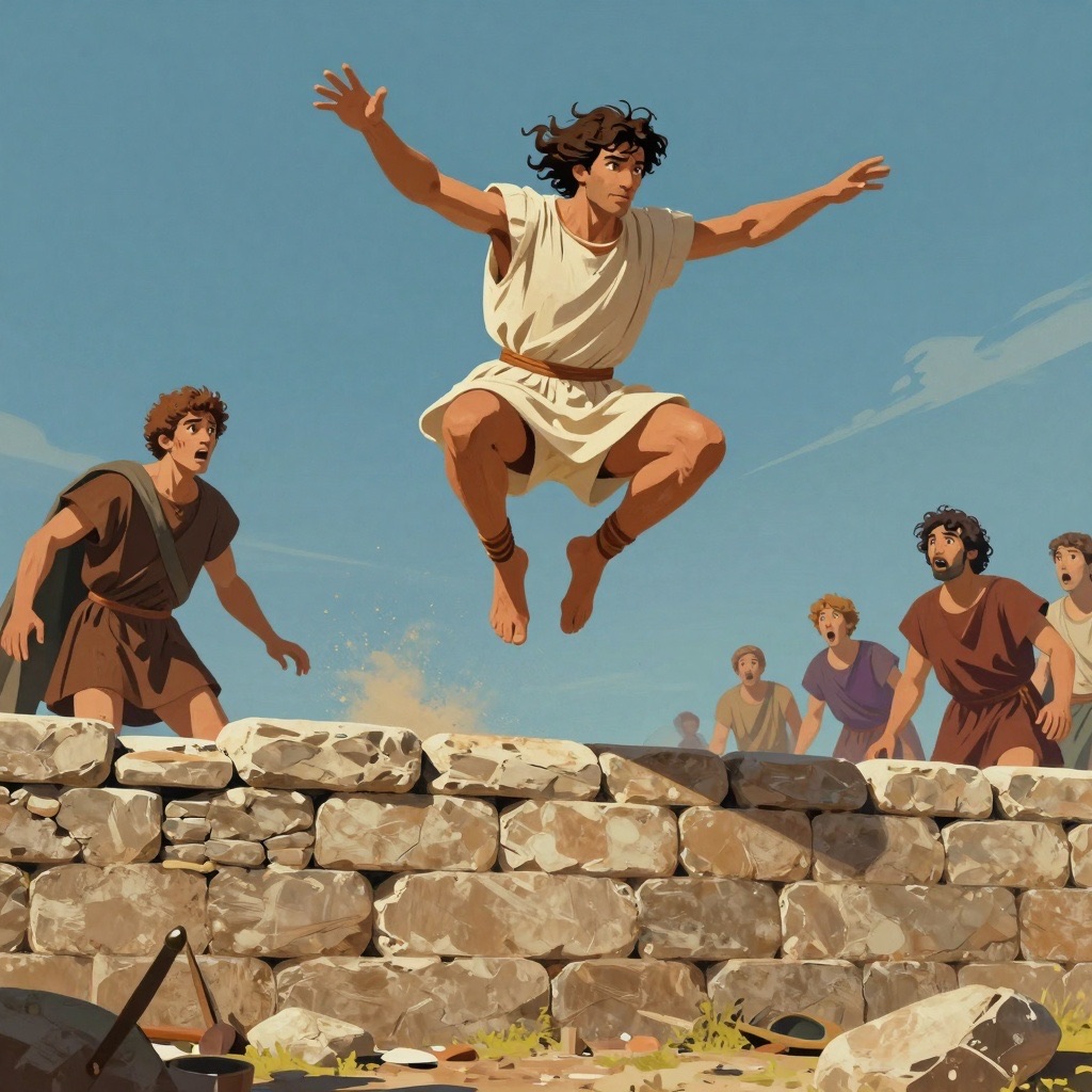 Remus mid-leap over Romulus's crude wall, feet off the ground, arms spread in defiance while Romulus watches in shock