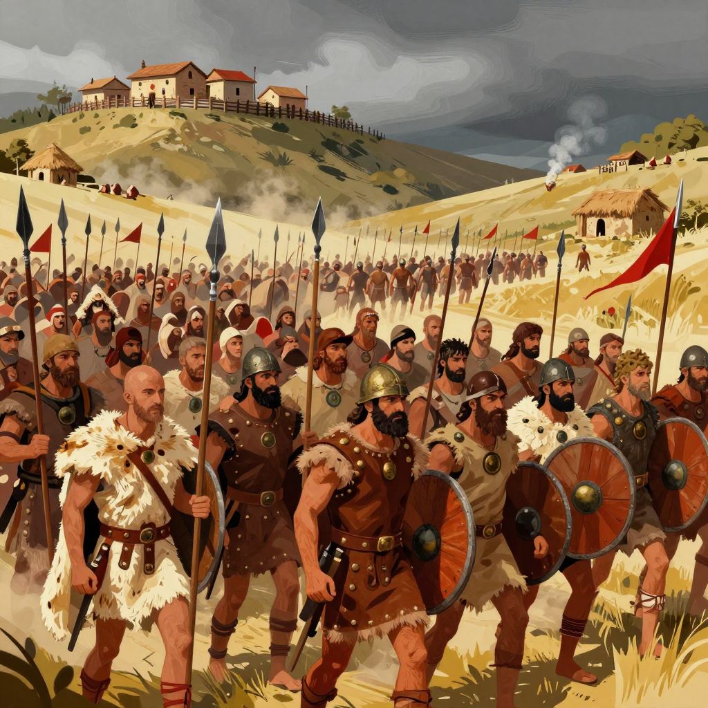 Wide view of a massive Sabine army assembling in a valley outside early Rome