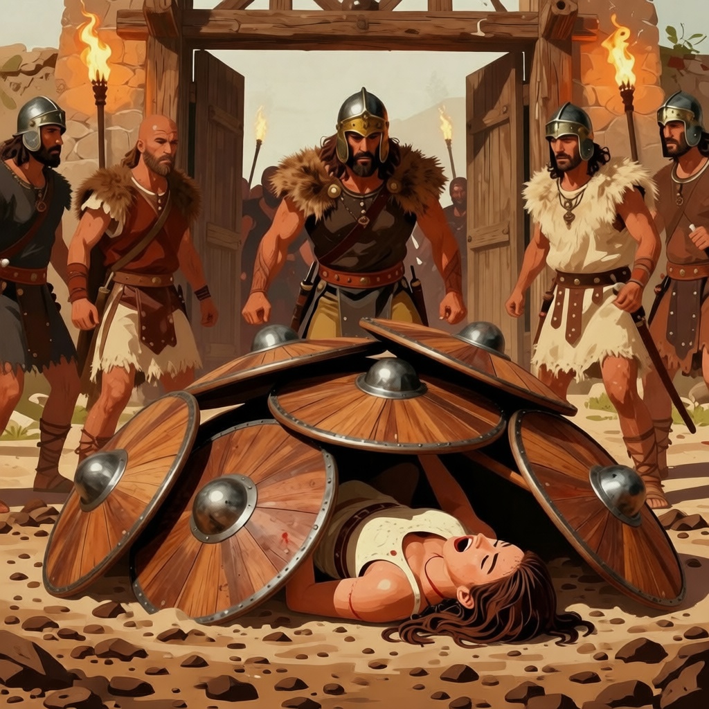 Tarpeia being crushed under a pile of heavy round shields thrown by Sabine warriors