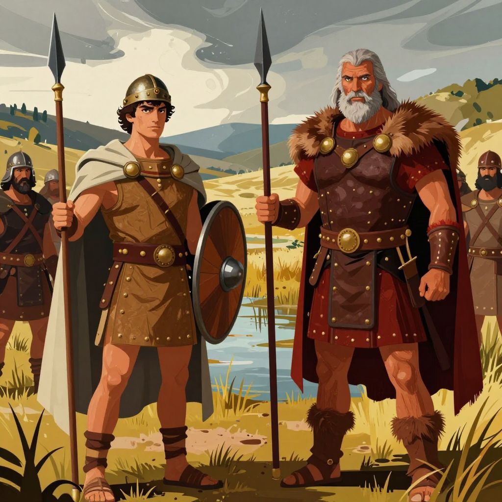 Wide view of two armies meeting in a marshy valley about to clash