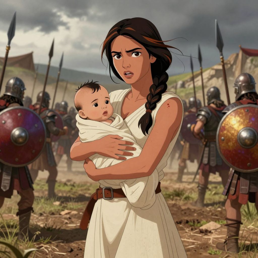 Close-up of Hersilia addressing both armies, holding her infant son, tears on her face