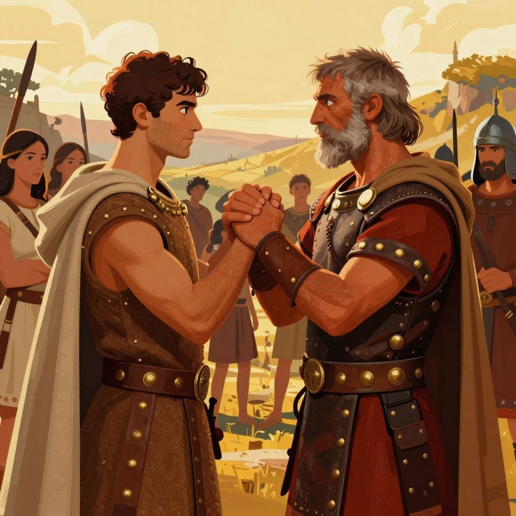 Romulus and Titus Tatius clasping forearms in the Roman gesture of agreement while Hersilia and other women watch