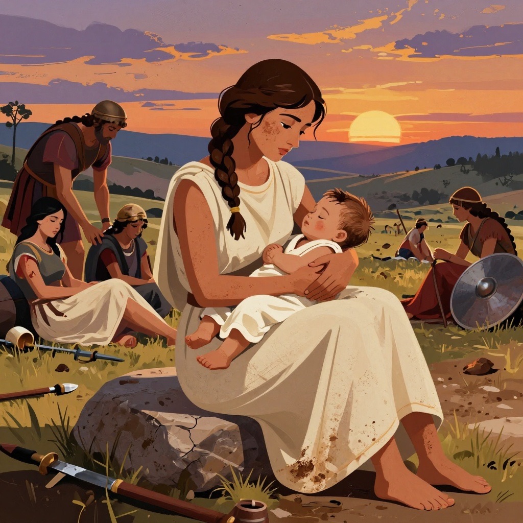 Hersilia holding her sleeping infant son at sunset after the peace, exhausted but relieved