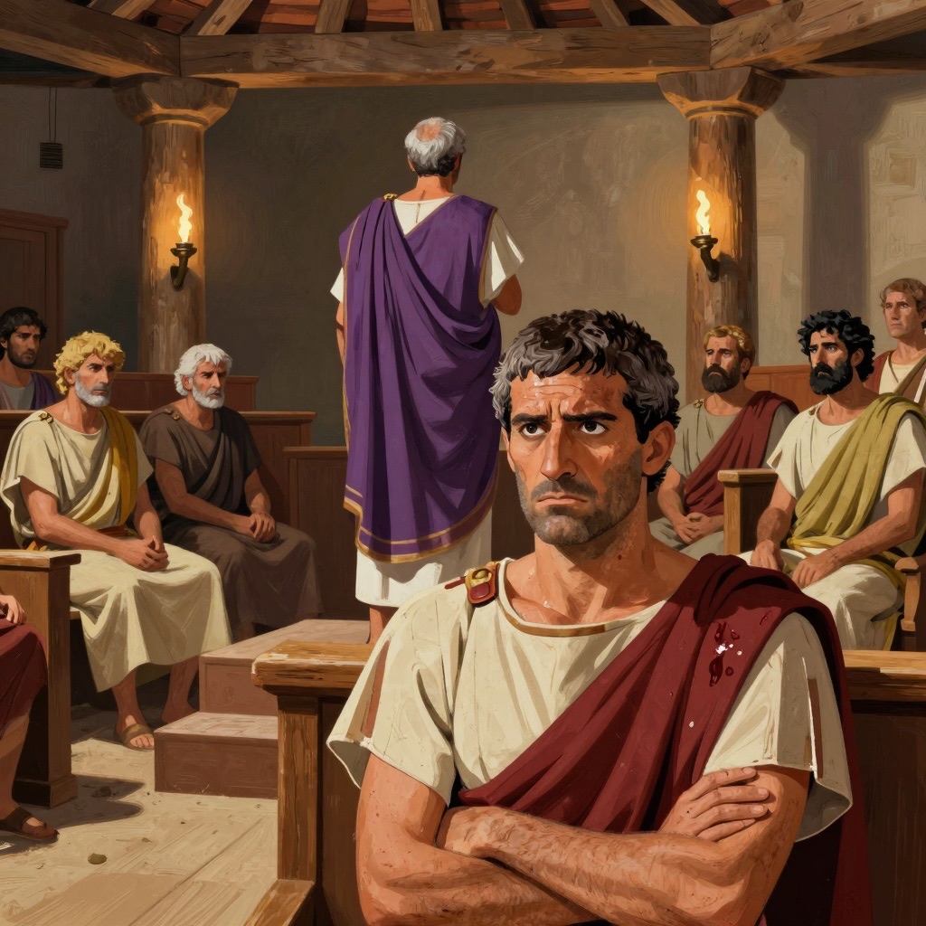 Romulus in a purple-bordered royal robe addresses the Senate from an elevated platform while senators watch with resentment