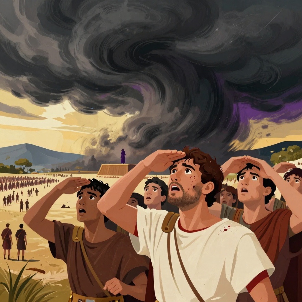 Dramatic view of the sky turning black over the Campus Martius as Roman soldiers look up in terror