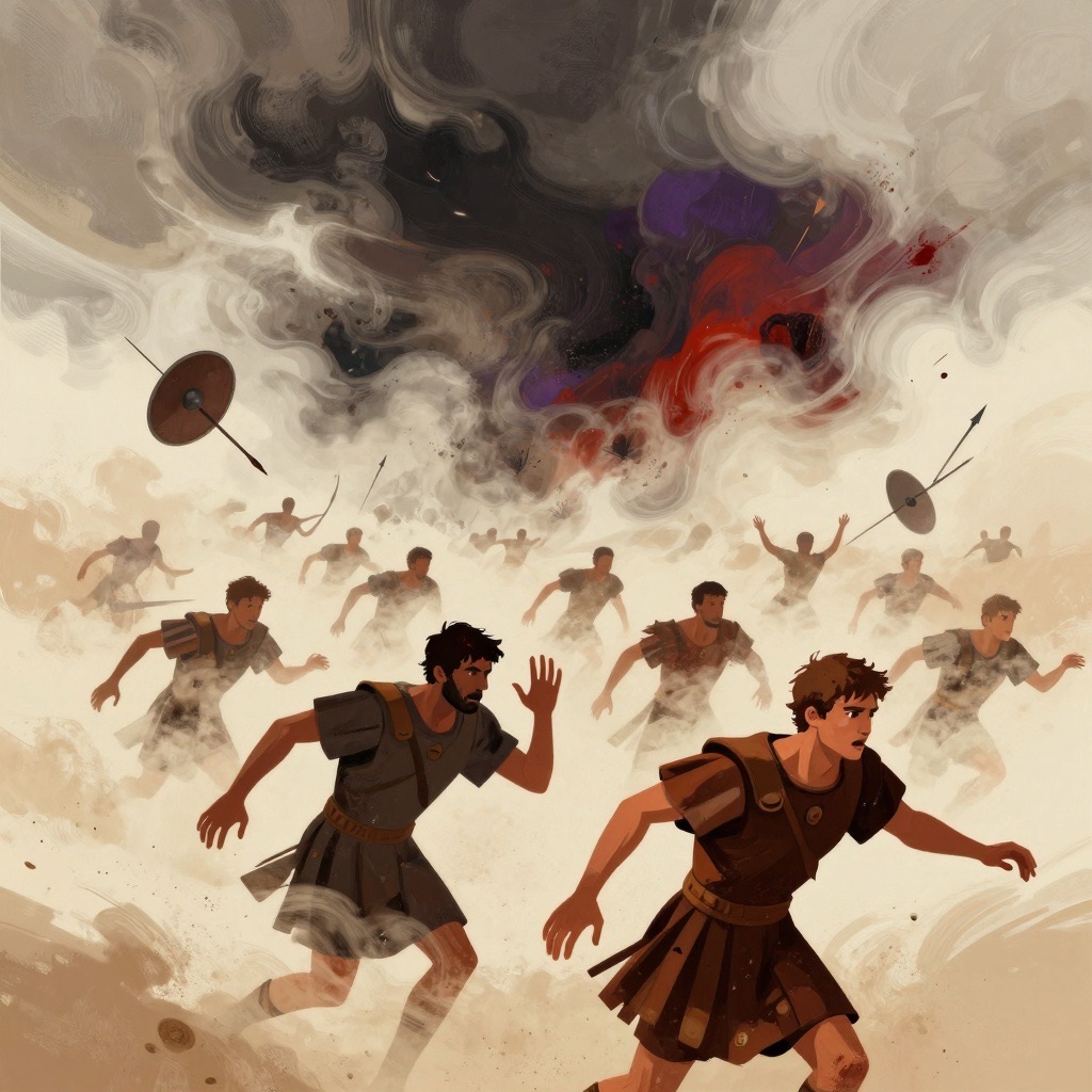 A supernatural storm engulfs the Campus Martius, Roman soldiers stumbling blind through choking dust and darkness
