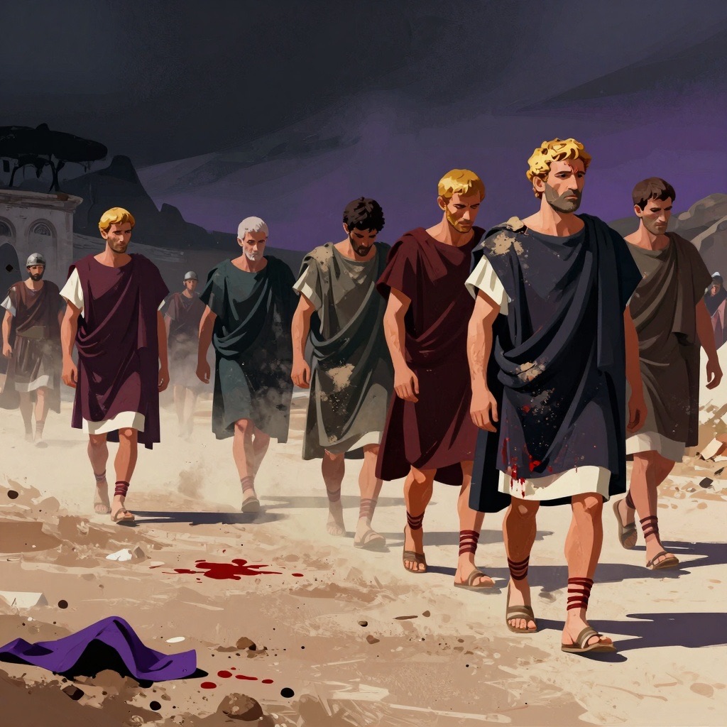 Senators departing the Campus Martius after the storm, each walking heavily with hunched shoulders