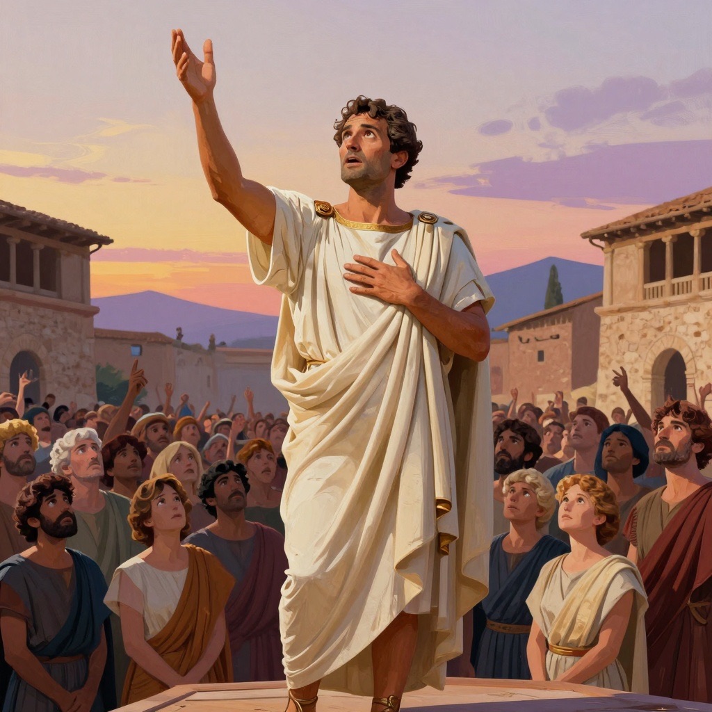 Proculus Julius on a platform at dawn, arm raised toward the sky, addressing a crowd of Roman citizens