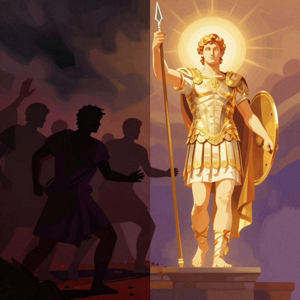 Split image showing the dark truth of Romulus's murder on one side and the glorious myth of his divine ascension on the other