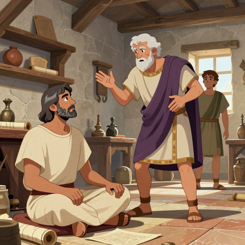 Interior of a modest stone room where Roman senators in purple-bordered togas plead with a seated Numa surrounded by scrolls