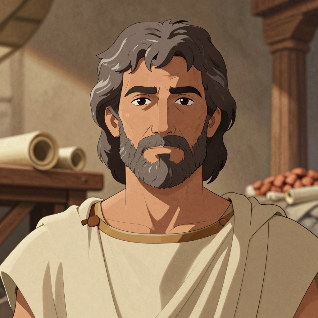 Close portrait of Numa Pompilius, a Mediterranean man in his 40s with graying hair and contemplative brown eyes, wearing simple cream wool robes