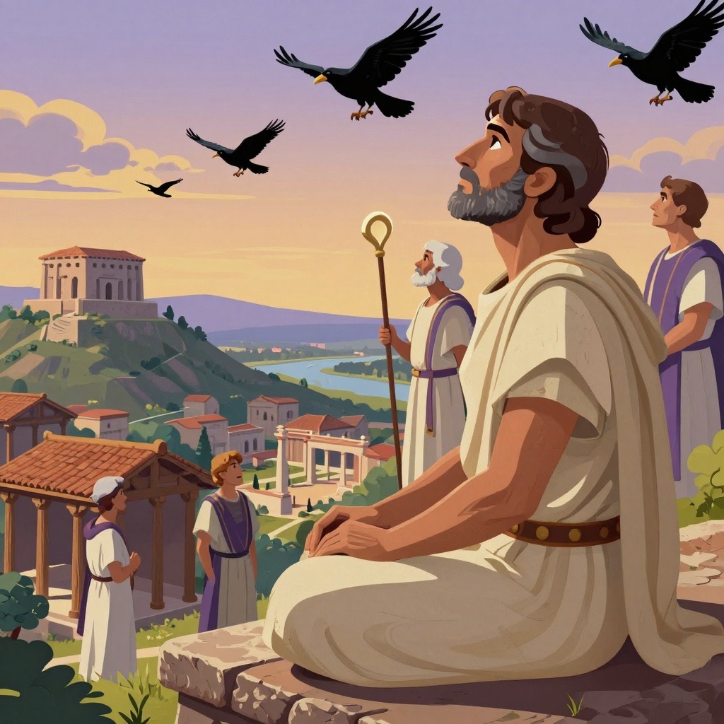 Numa sitting on a stone seat atop the Capitoline citadel at dawn while augur priests watch birds flying across a golden sky