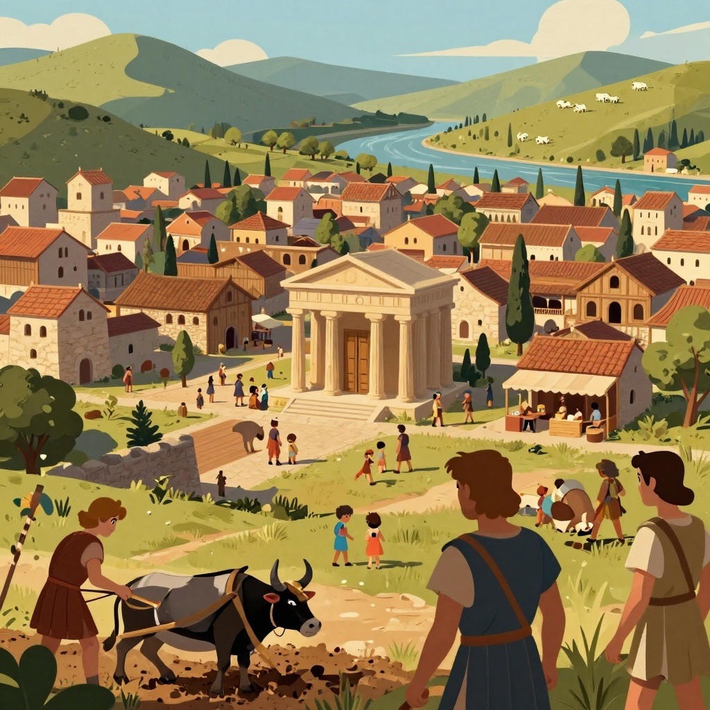 Wide panoramic view of peaceful Rome with farmers plowing fields, markets bustling, and the Temple of Janus with its bronze doors closed