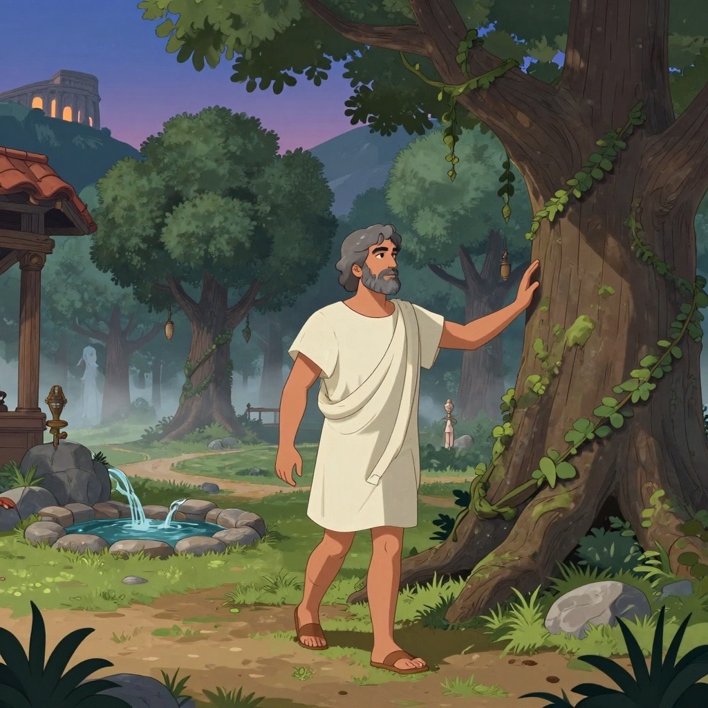 Moonlit sacred grove with ancient oak trees and a spring, where Numa in white robes sits in meditation with a faint ethereal glow suggesting a feminine presence