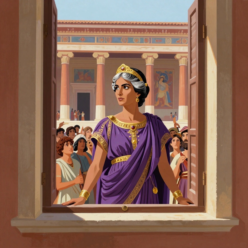 Tanaquil standing at an ornate palace window, looking down at an anxious crowd of Roman citizens gathered below