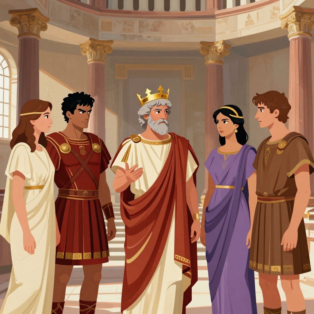 Elderly Servius standing on city walls overlooking an expanded Rome with the Servian Wall protecting the seven hills