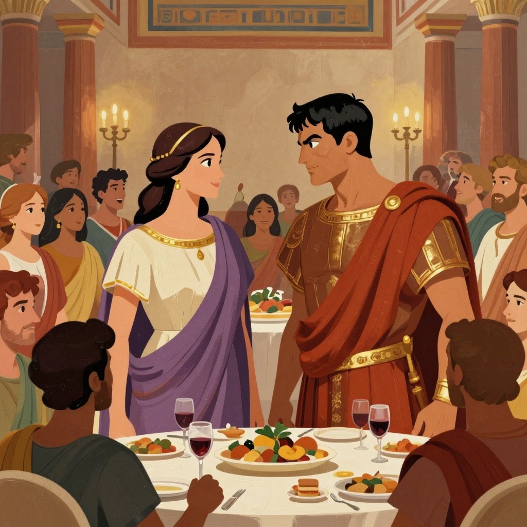 Servius on his throne flanked by his two daughters - the elder with gentle features, the younger with sharp, ambitious eyes