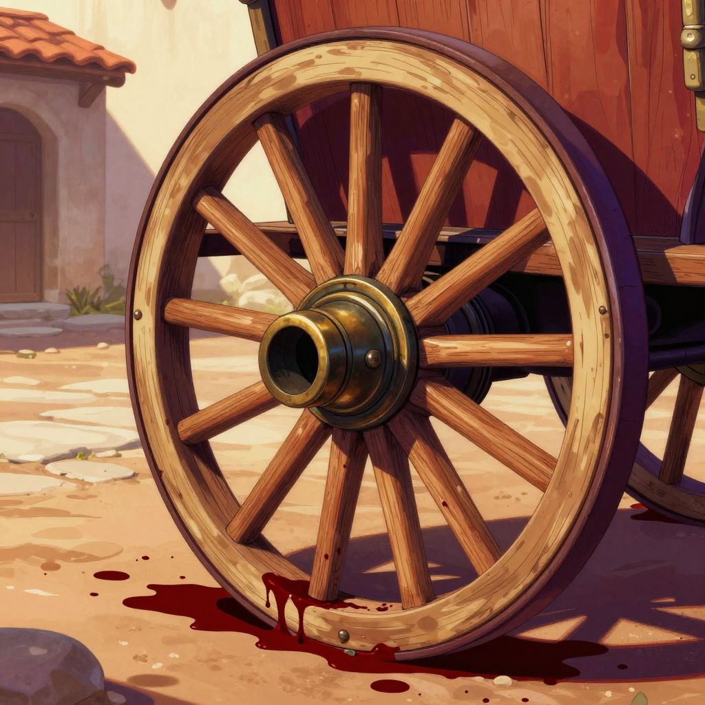 Close-up of chariot wheels covered in dark crimson blood dripping onto cobblestones