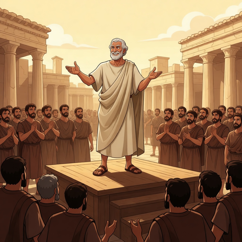 Elderly Servius Tullius addressing Roman citizens from a wooden platform, arm extended in welcoming gesture