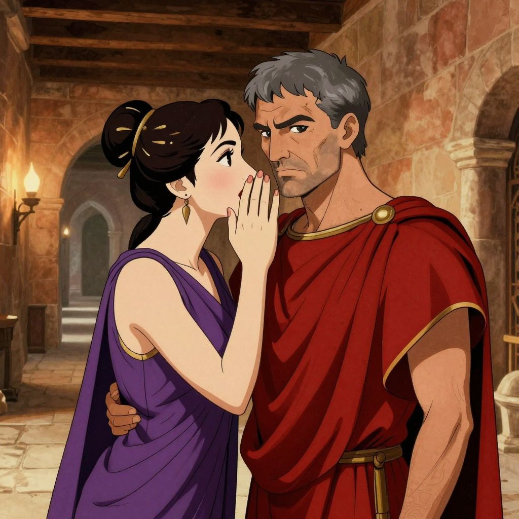 Tullia and Tarquinius in a palace corridor at night, whispering together in conspiracy