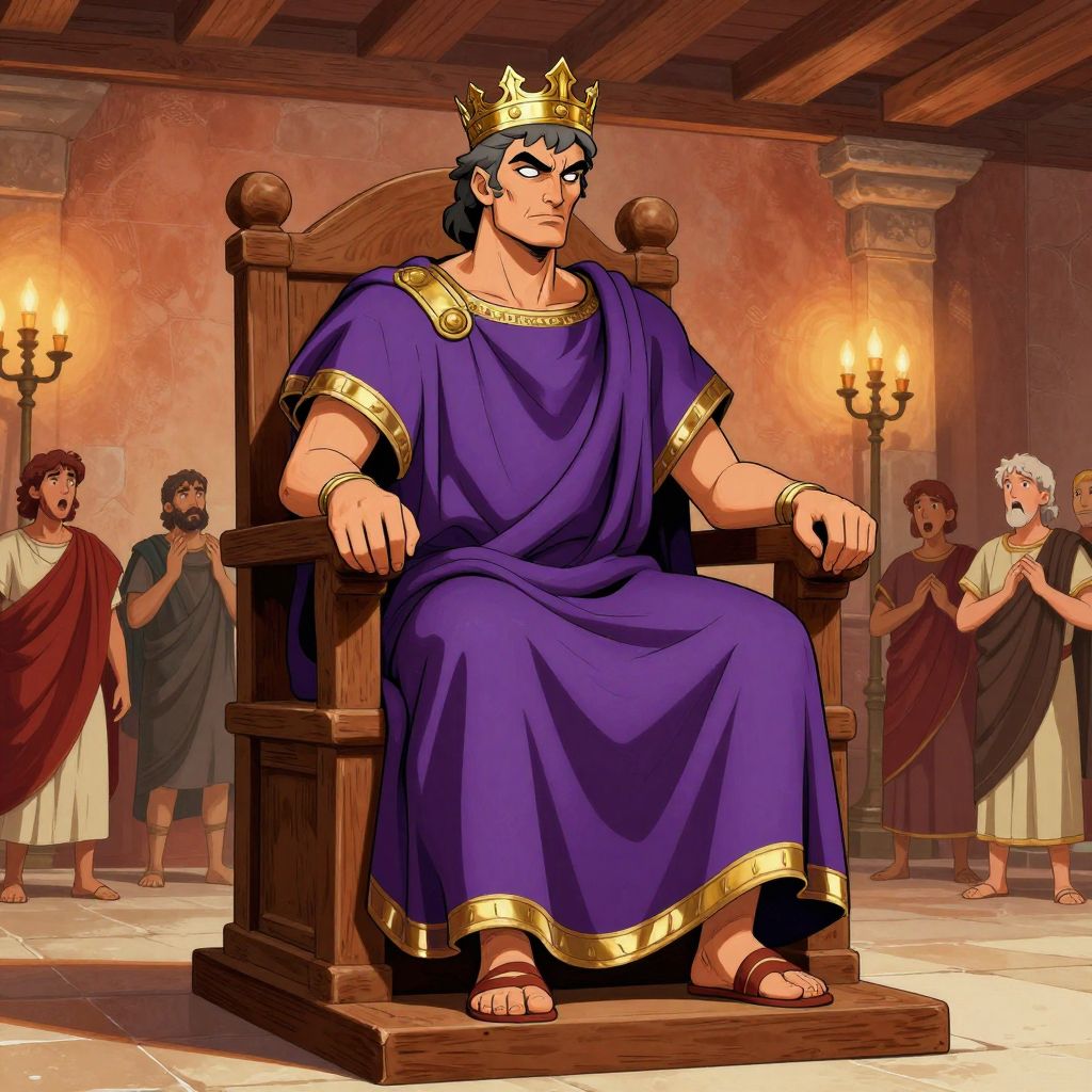Tarquinius in stolen purple robes and golden crown sitting on the throne, senators showing shock
