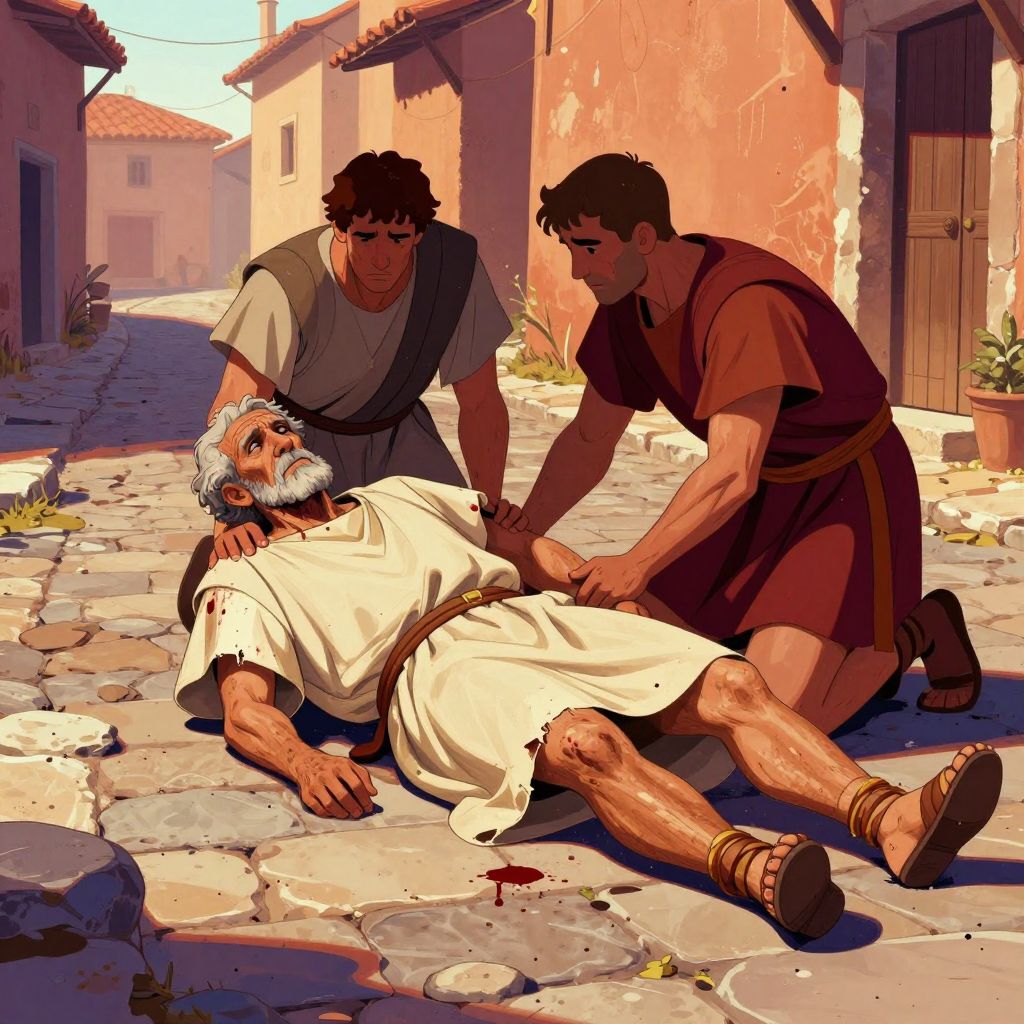 The broken body of Servius Tullius lying on cobblestones, servants fleeing in terror, assassins in shadows