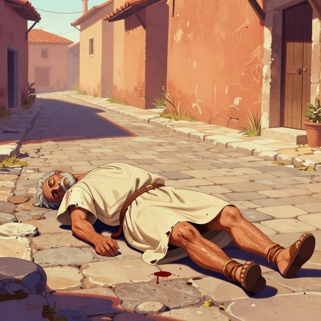 Tullia in chariot commanding her horrified driver to continue, her father's body visible in their path