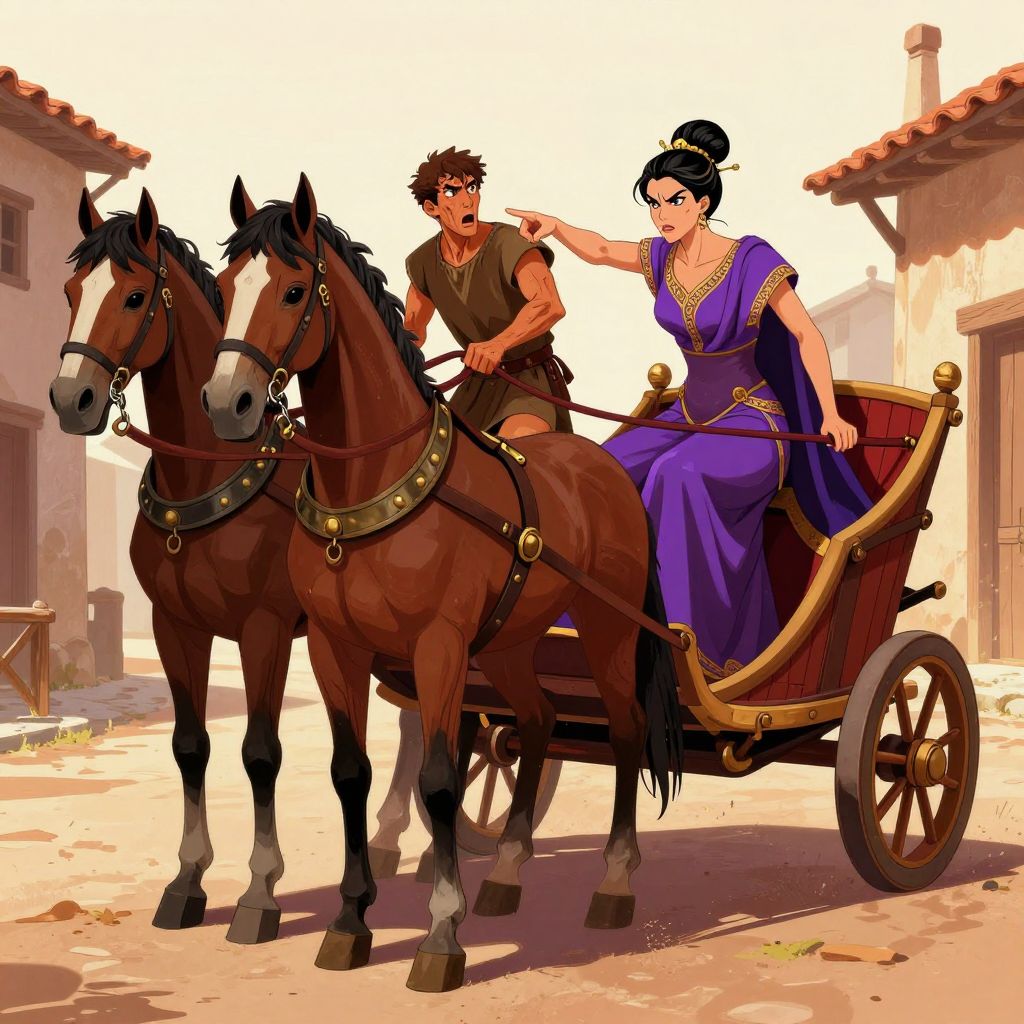 Tarquinius on throne looking down with contempt, senators and citizens cowering before him