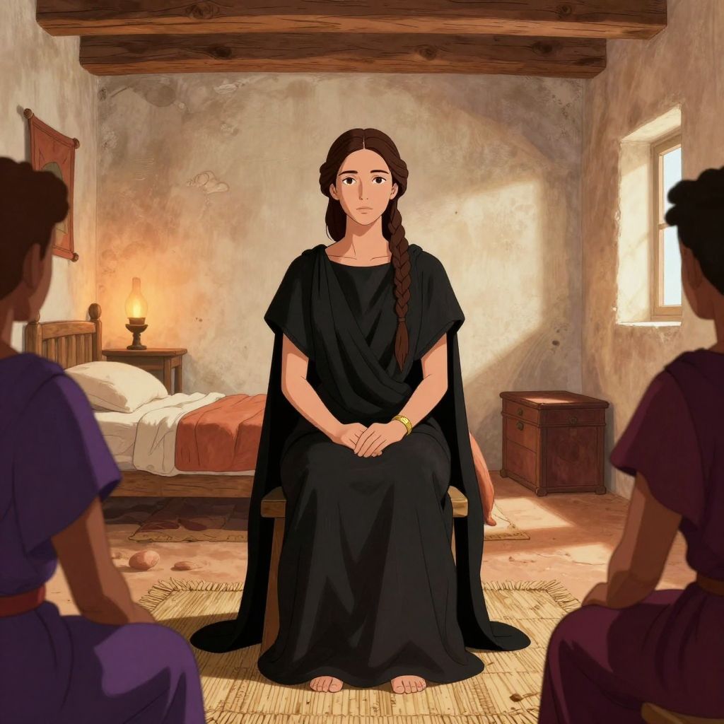 Lucretia in her chamber dressed in mourning, seated with unnatural calm, facing her gathered witnesses