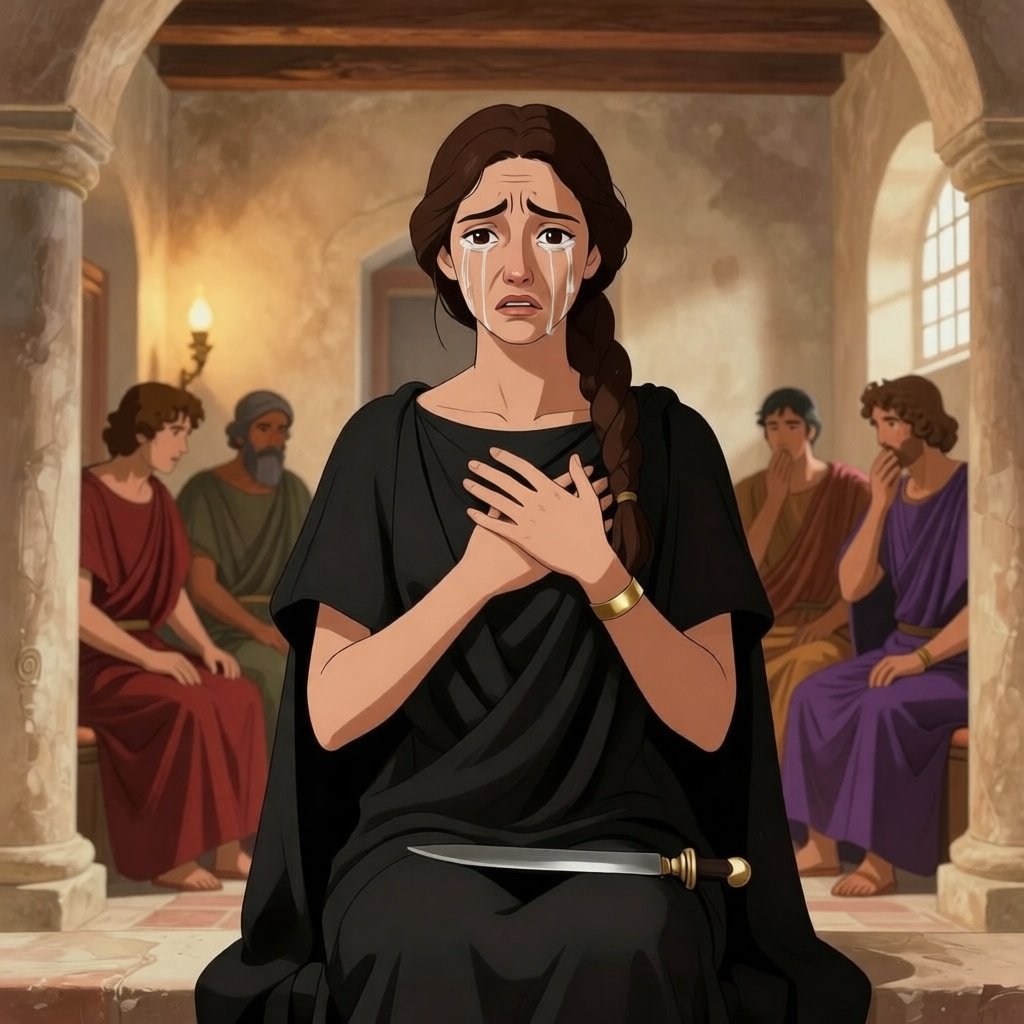 Lucretia speaking to the assembled men, her expression showing controlled fury and pain