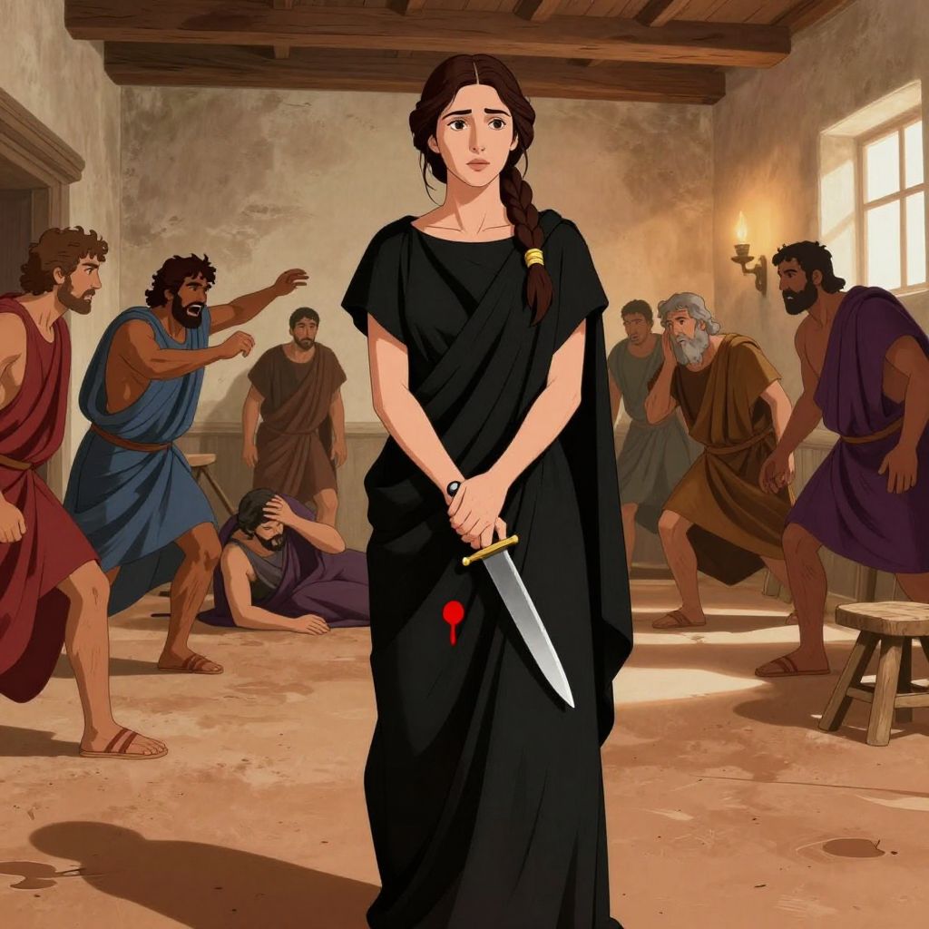 Lucretia seated upright in black mourning dress, hands folded with knife hidden, expression showing unnatural calm and terrible resolve