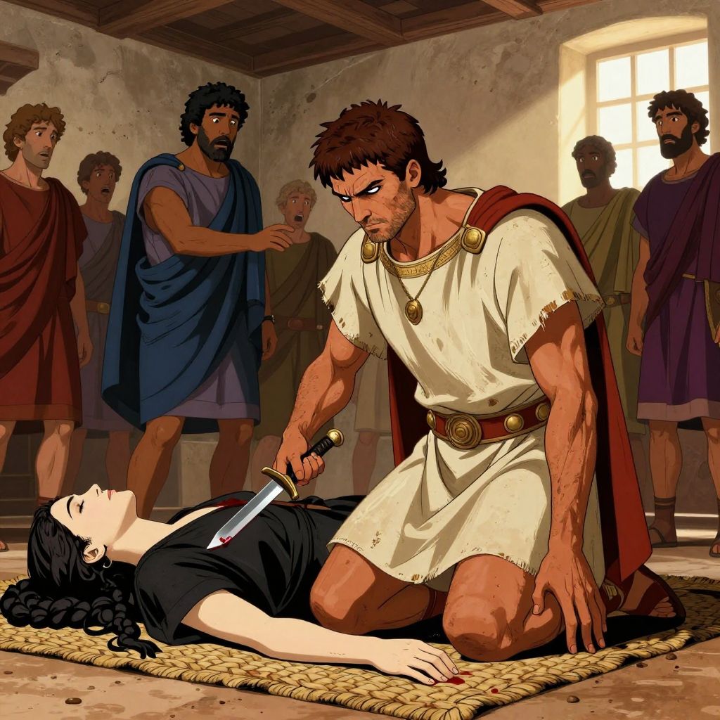 Lucretia falling backward after driving a knife into her heart, while the assembled men react in horror