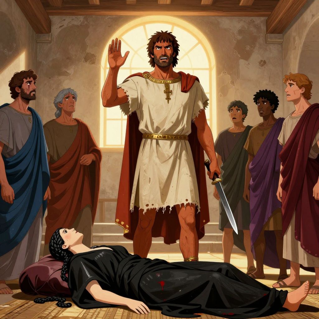 Brutus kneeling beside Lucretia's body, pulling the bloody knife from her chest with fierce determination