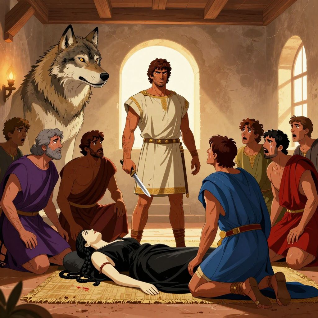 Brutus standing over Lucretia's body, holding the bloody knife aloft, his voice commanding the room