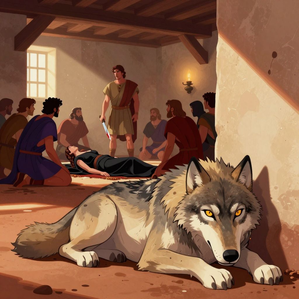 Brutus standing with raised hand swearing an oath, while the assembled men begin to kneel in support