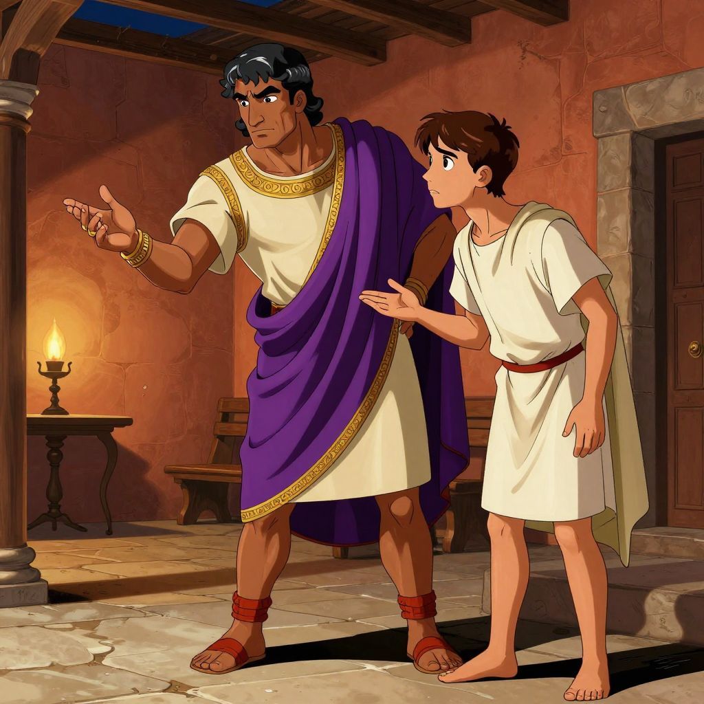 A royal ambassador speaking to two young men in a patrician home interior, lit by oil lamp