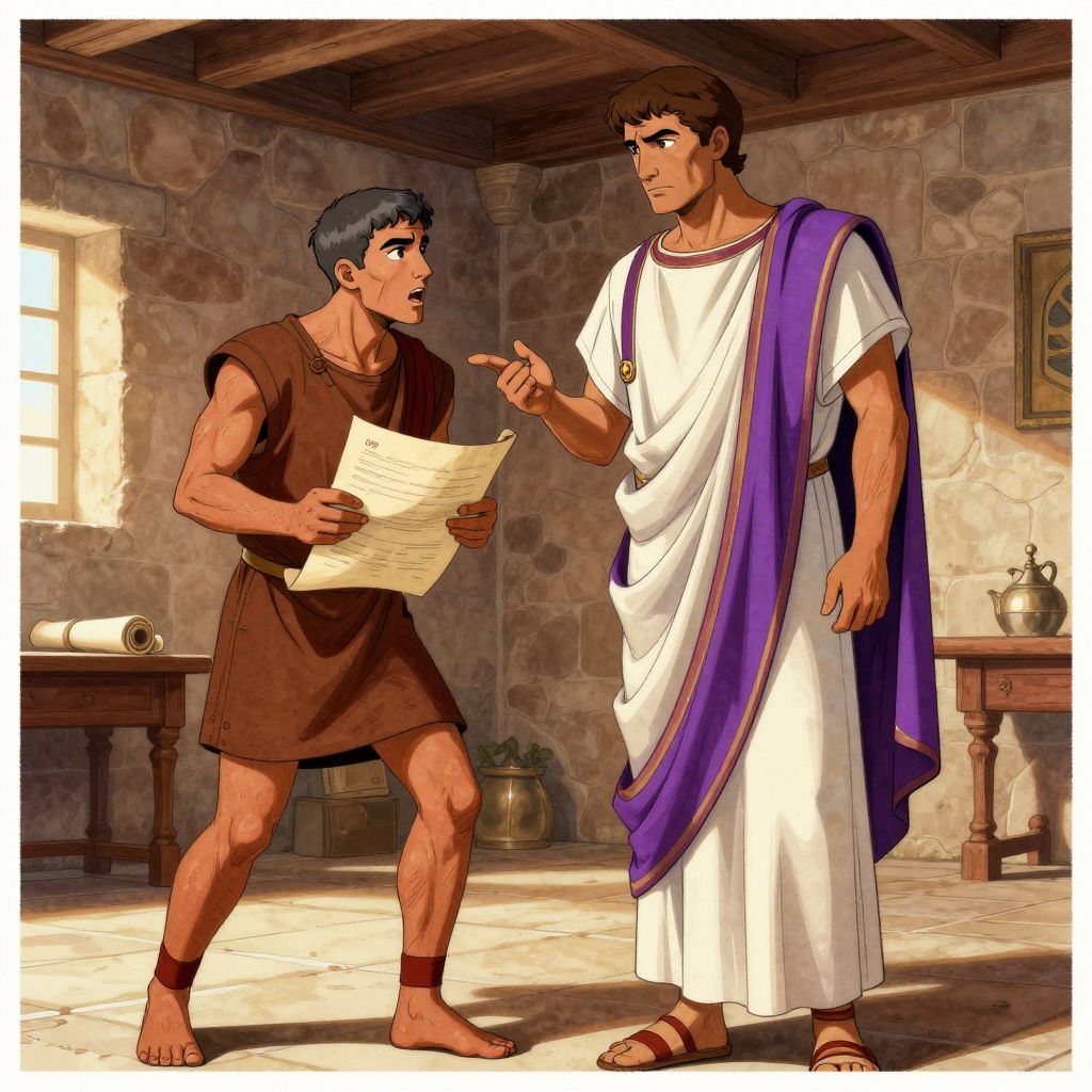 A slave named Vindicius watching conspiring men from a doorway in a Roman home