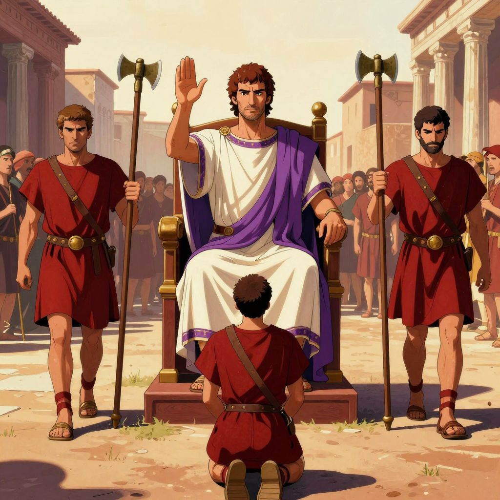 Two young men kneeling bound in dirt, stripped of their togas, with a lictor holding fasces standing behind them