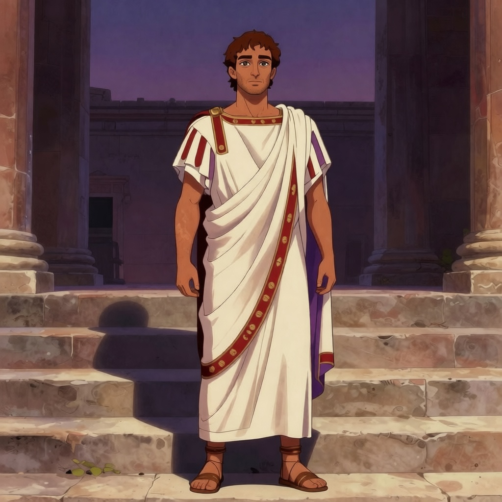 Brutus standing alone on Senate steps at dusk, upright commanding posture in white toga with purple stripe, face showing the perfect mask of competent consul but eyes truly dead and hollow